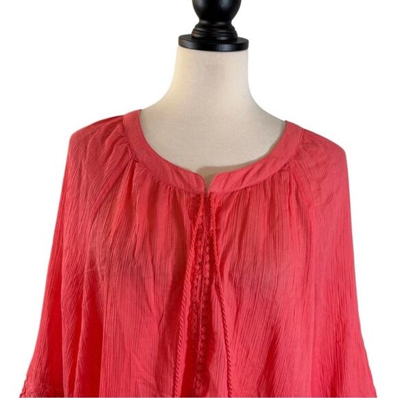 NWT Lane Bryant Coral Pink Blouse Gauzy Cotton Tie Neck 3/4 Sleeve, Size 18/20 - Picture 2 of 9